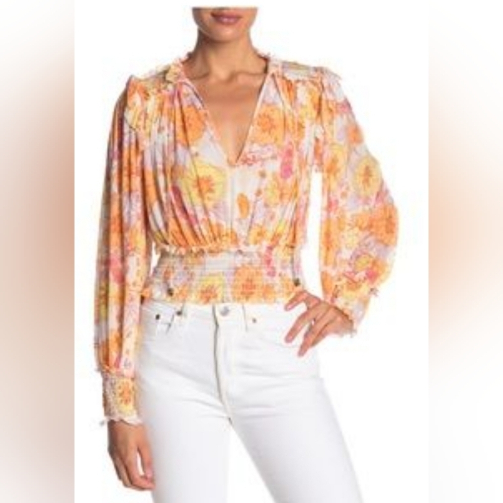 Free People Twighlight Ruffle Smocked Hem Top Lightweight Small Cottagecore